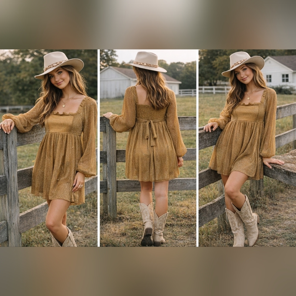 Listicle Gold Shimmer Square-Neck Long Sleeve Mini Dress Small.